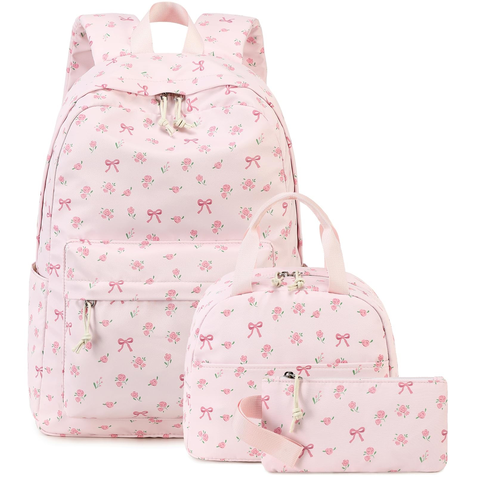 Teen Girls School Backpack Set Lunch Box Pencil Case Laptop Bag Pink Bow Tie