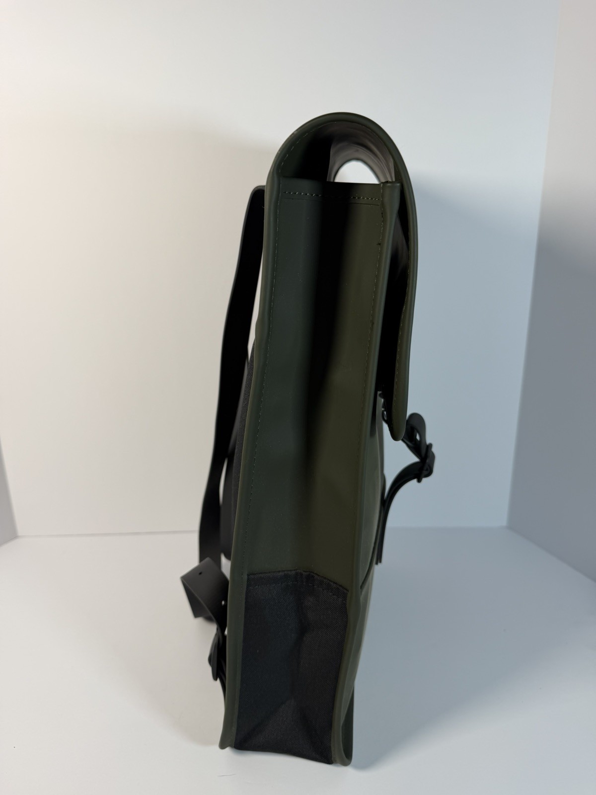 RAINS Waterproof Backpack Olive Green Rubberized Laptop Bag Minimalist Unisex