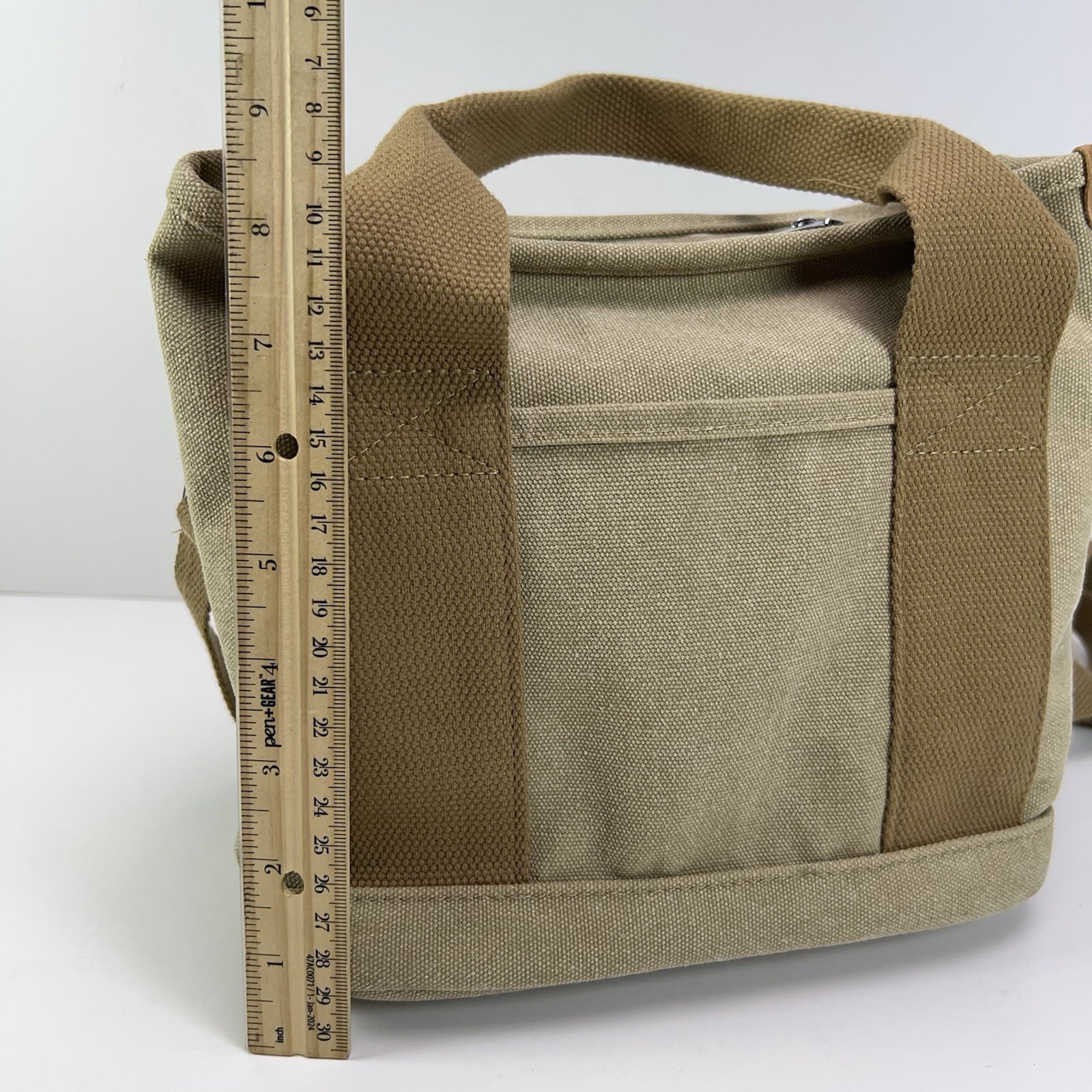 CANVAS Crossbody Tote Bag Small Top Handle Zip Close Organizer Travel Khaki Tan
