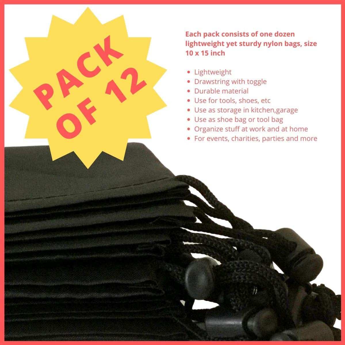 Drawstring Bag – Nylon Cinch and Ditty Stuff Pouch with Toggle 10 x 15-12 pack