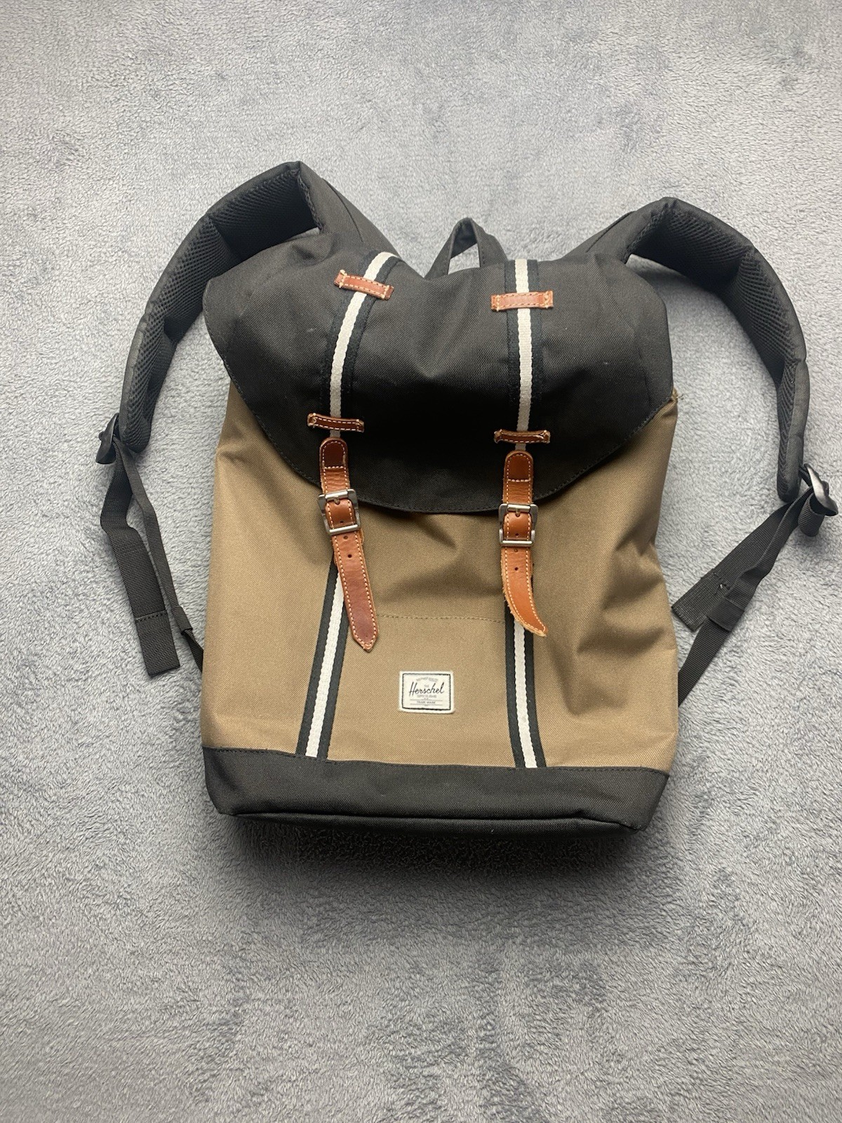 Herschel Backpack – Tan/Beige And Black, Laptop Holder, Drawstring, Magnet Close