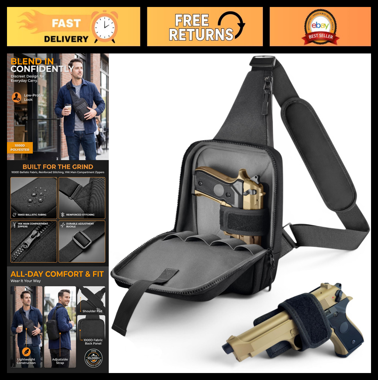 Sling Carry Bag for Men – Quick Access Pull Tab, 4 Accessory Slots, Waterproof Z