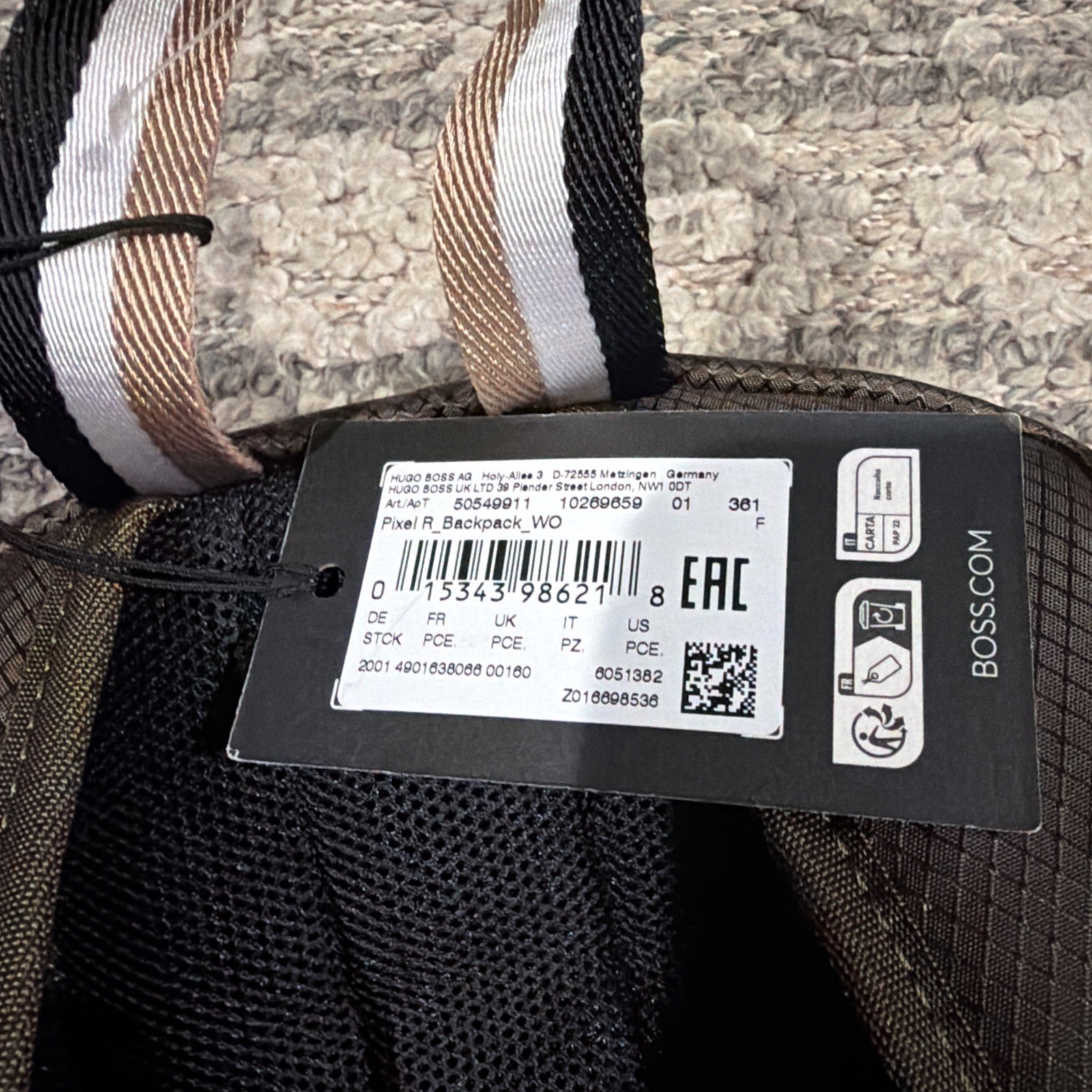 Hugo Boss Pixel R Backpack Tonal Logo Olive Brown Recycled Fabric NWT