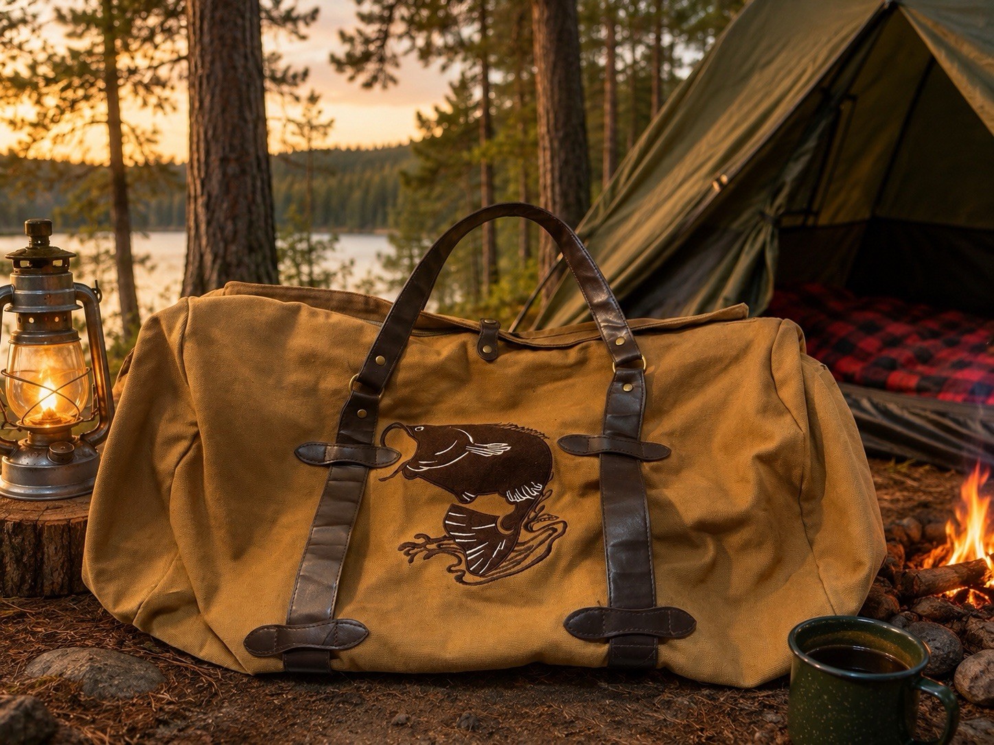 Mens Canvas Duffle Bag Embroidered Bass Design Hunting/Fishing/Camping Carry-On