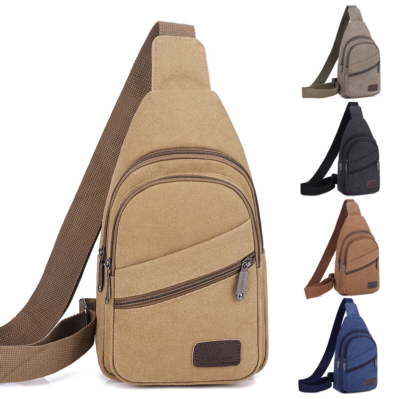 Men’s Canvas Crossbody Bag Large Capacity Zipper Chest Bag Adjustable Travel Bag