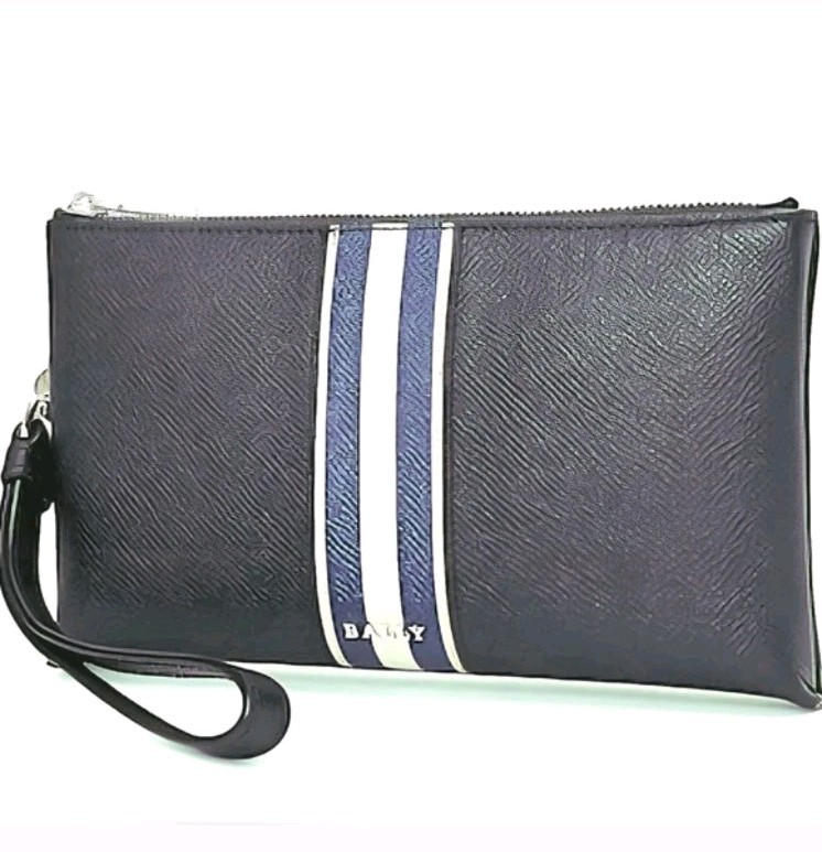 Bally Benery Embossed Zipped Pouch(Men’s) W 10.24 x H 7x D 0.39) Navy/Ivory