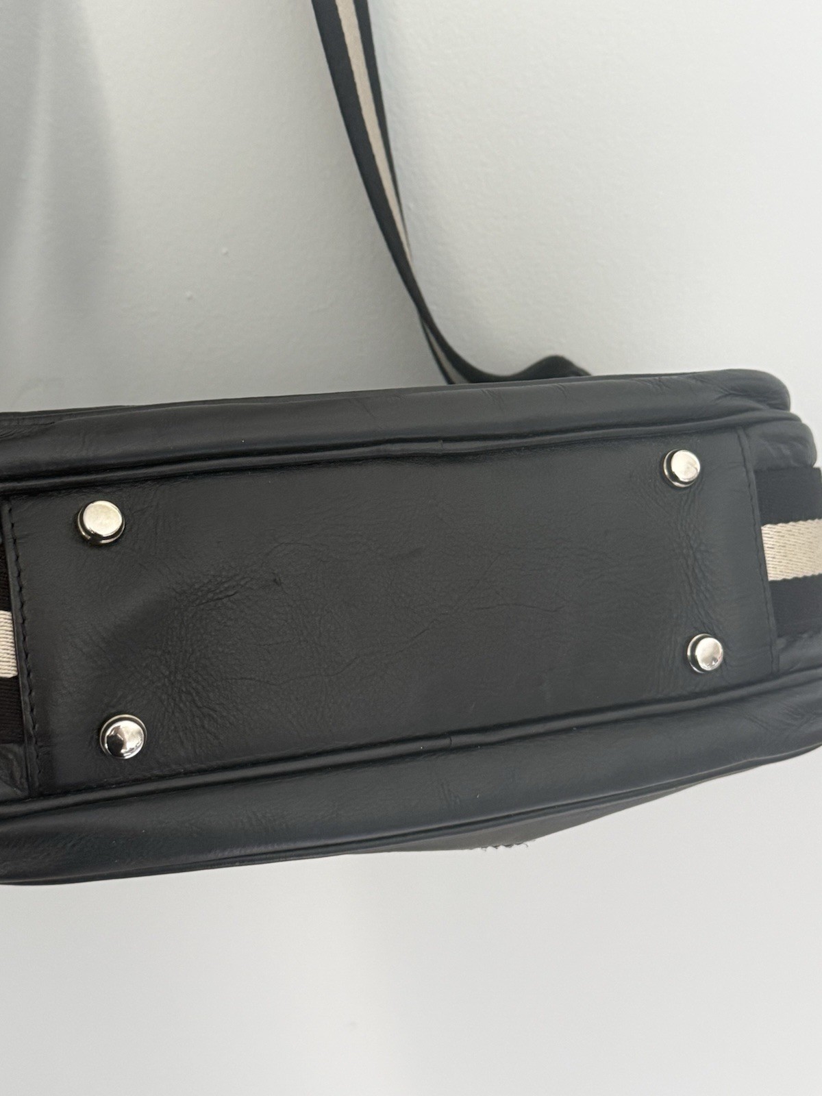 Bally Black Leather Messenger Bag Crossbody Stripe Strap Italy Classic