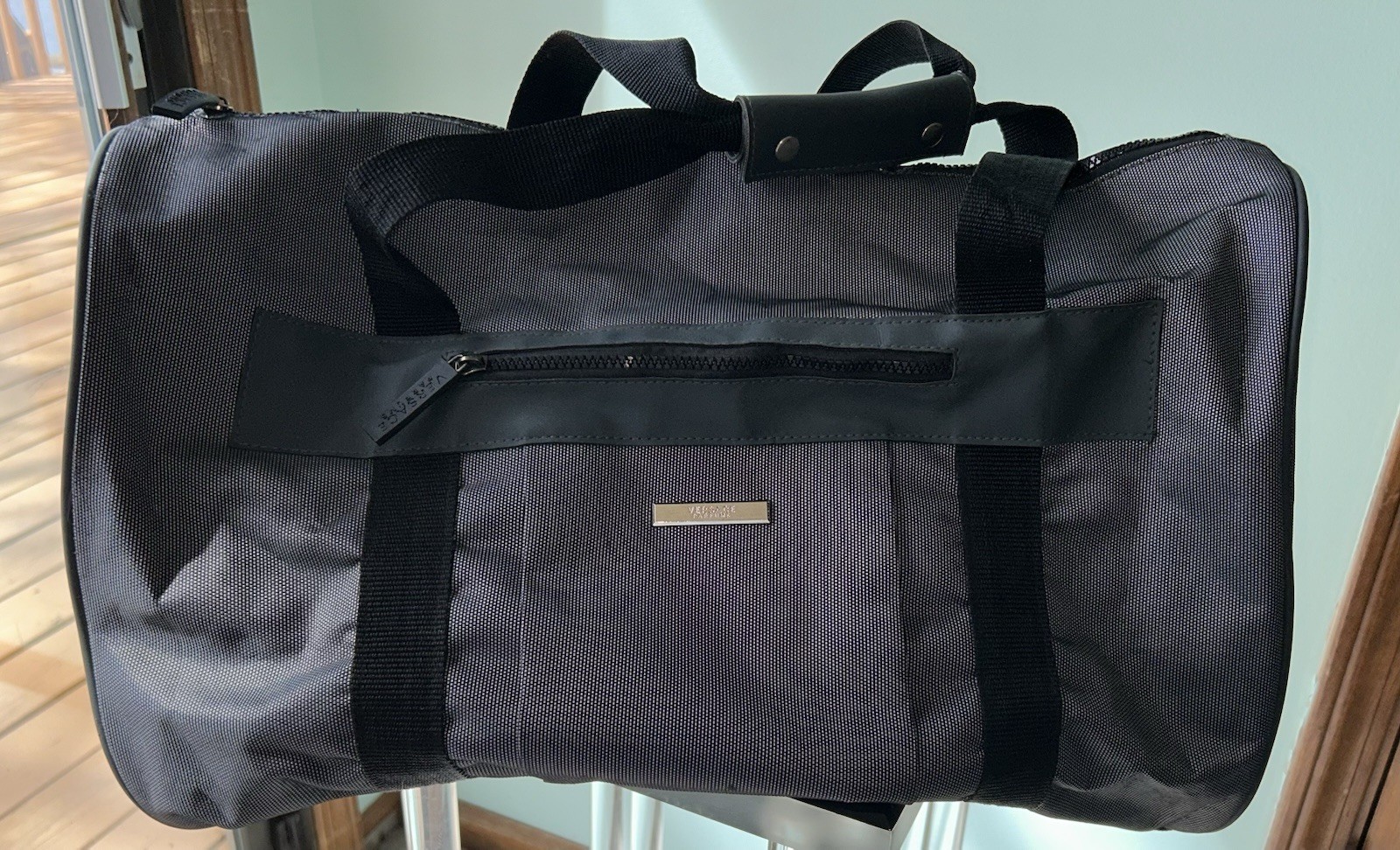 Versace Parfums Gunmetal Duffel Bag-Medium- Nylon Travel Bag-Logo-20”-Excellent