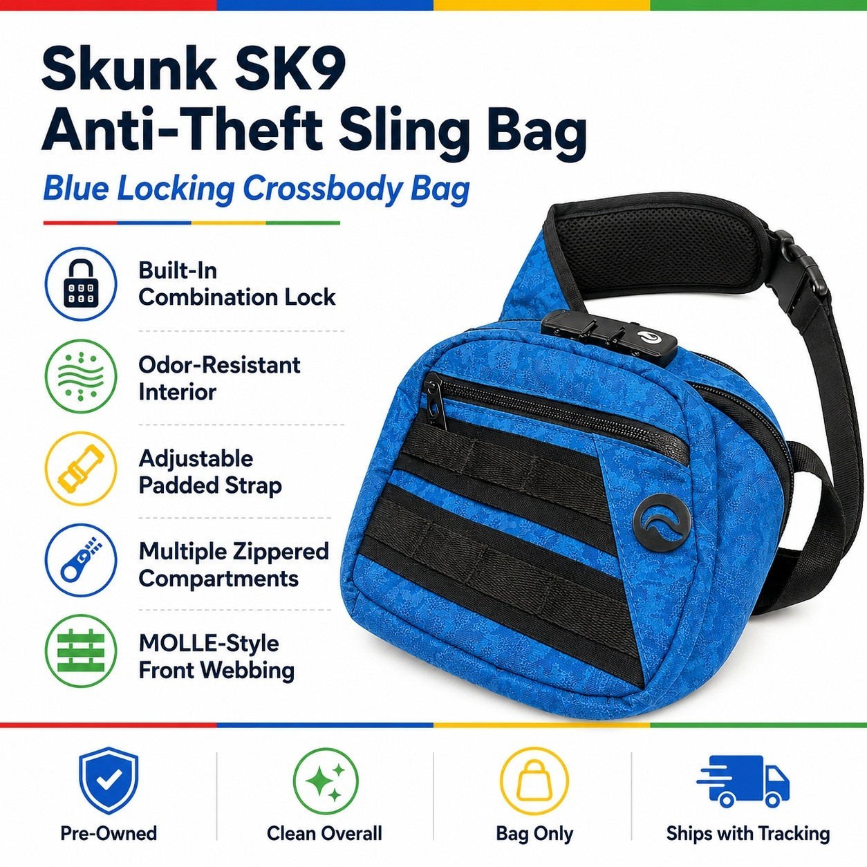 Skunk SK9 Anti-Theft Smell Proof Locking Crossbody Sling Bag Blue