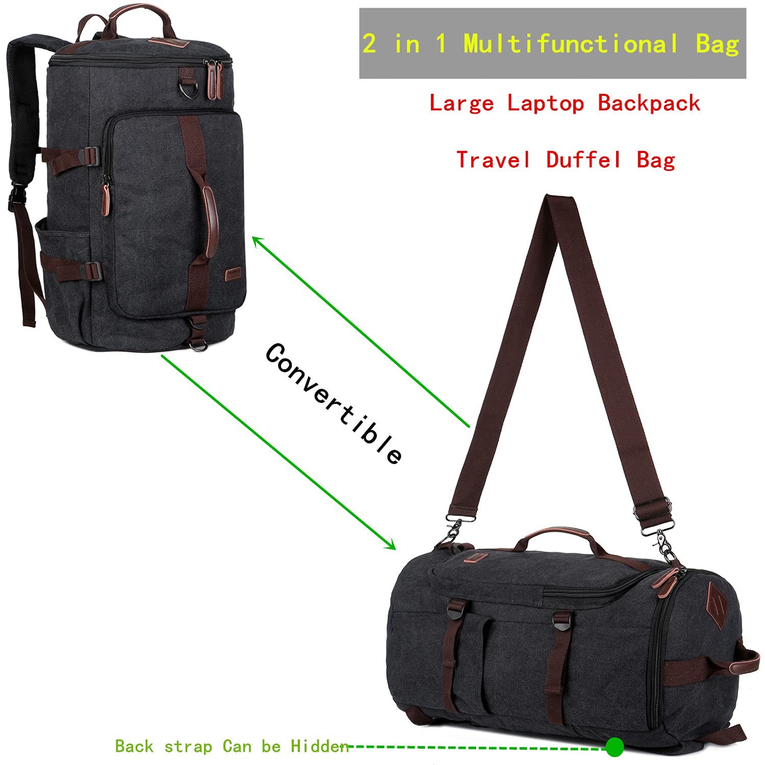 Canvas Weekender Travel Duffel Backpack Hybrid Hiking Rucksack Laptop Backpac…