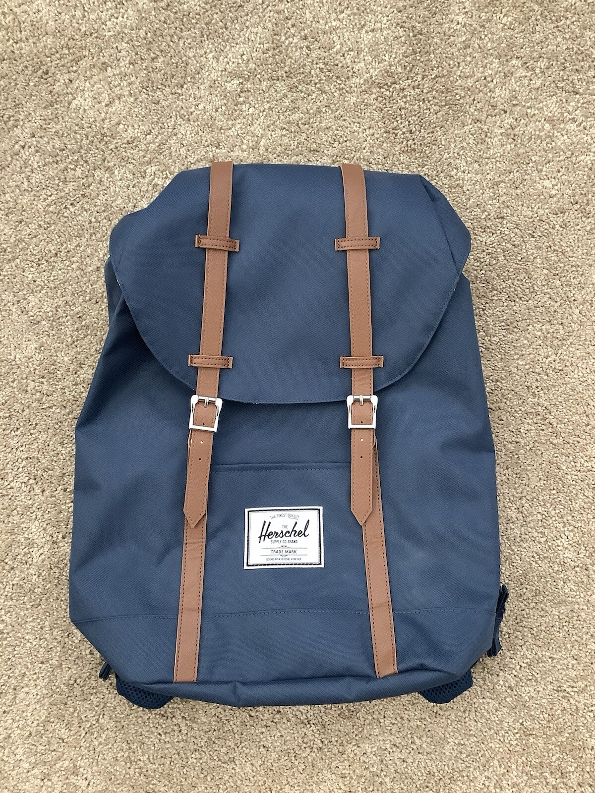 Herschel Retreat Computer Laptop Backpack Navy Unisex Faux Brown Leather NWOT