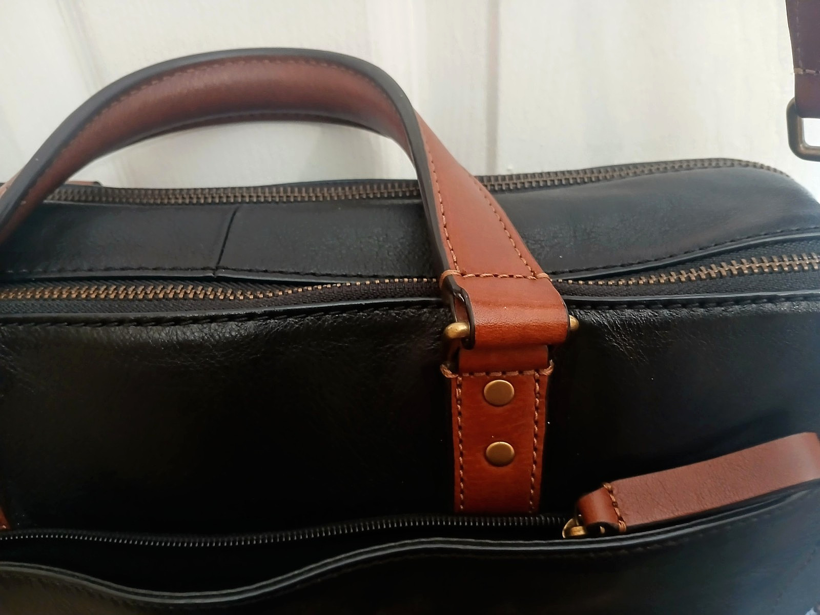 Fossil Defender Double Zip Black Leather Briefcase Document Case Men Black