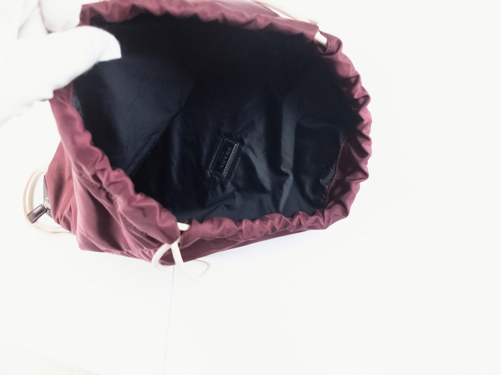 (NO CUSTOMS TAX) PRADA red Tessuto nylon drawstring backpack w leather accents