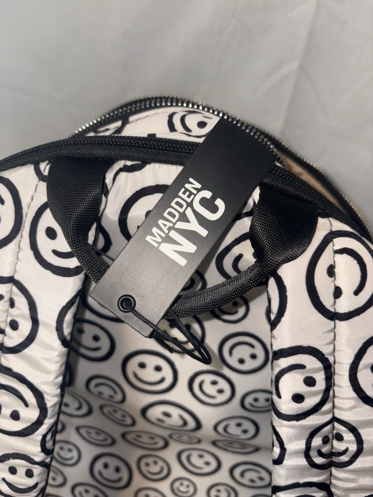 Madden NYC Smiley Face Backpack White Black Adjustable Strap Medium