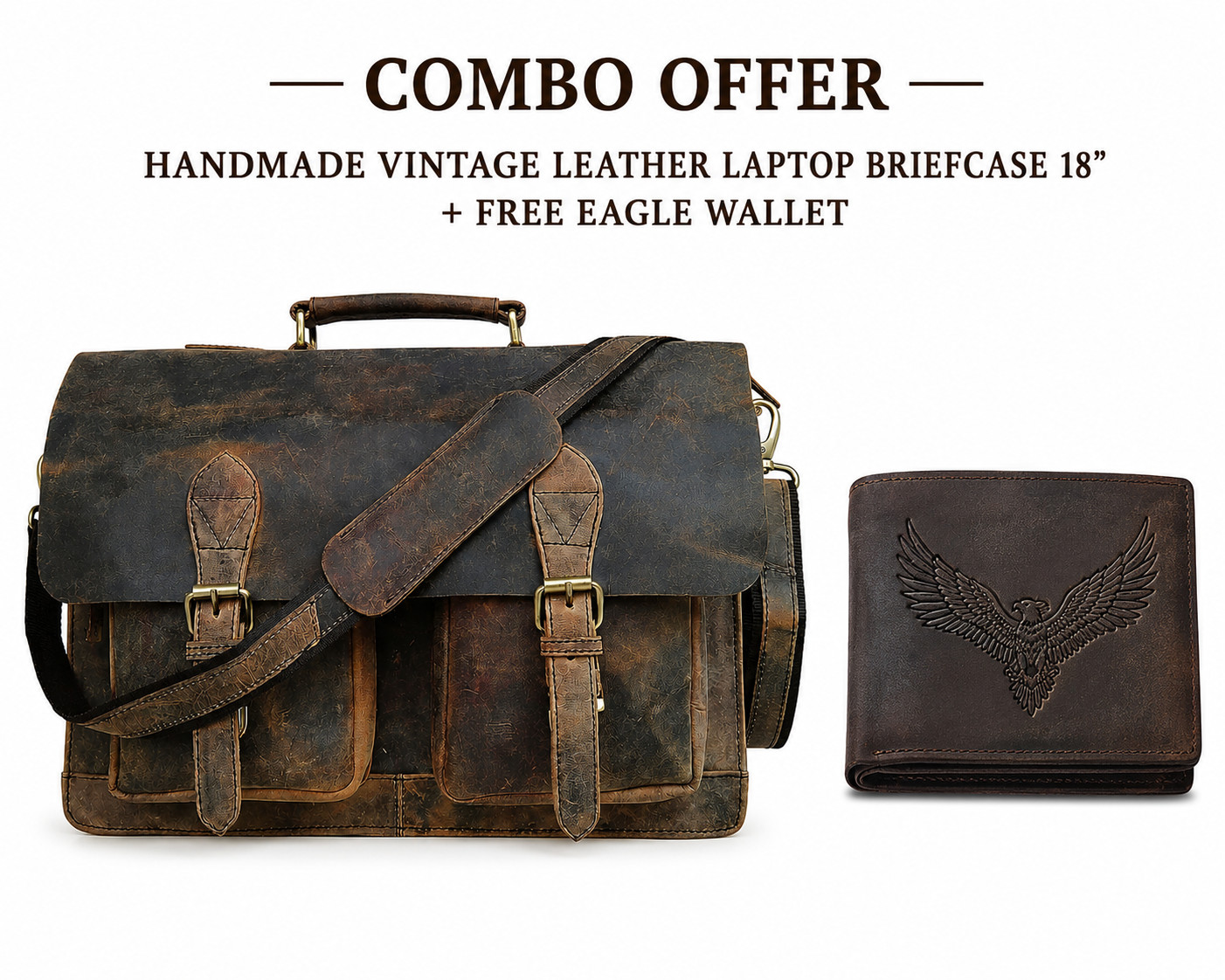18” Full Grain Leather Laptop Briefcase for Men + FREE Eagle Wallet Vintage Bag