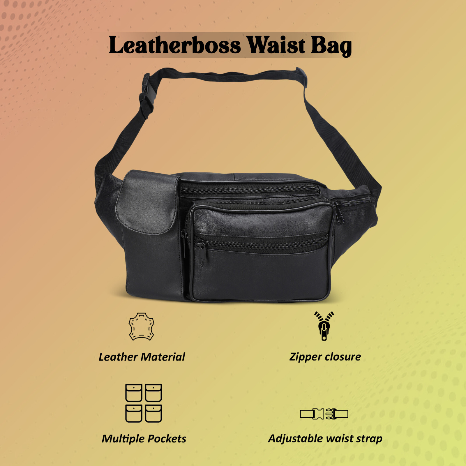 Black Genuine Leather Fanny Pack Phone Hip Waist Bag Travel Sport Holder