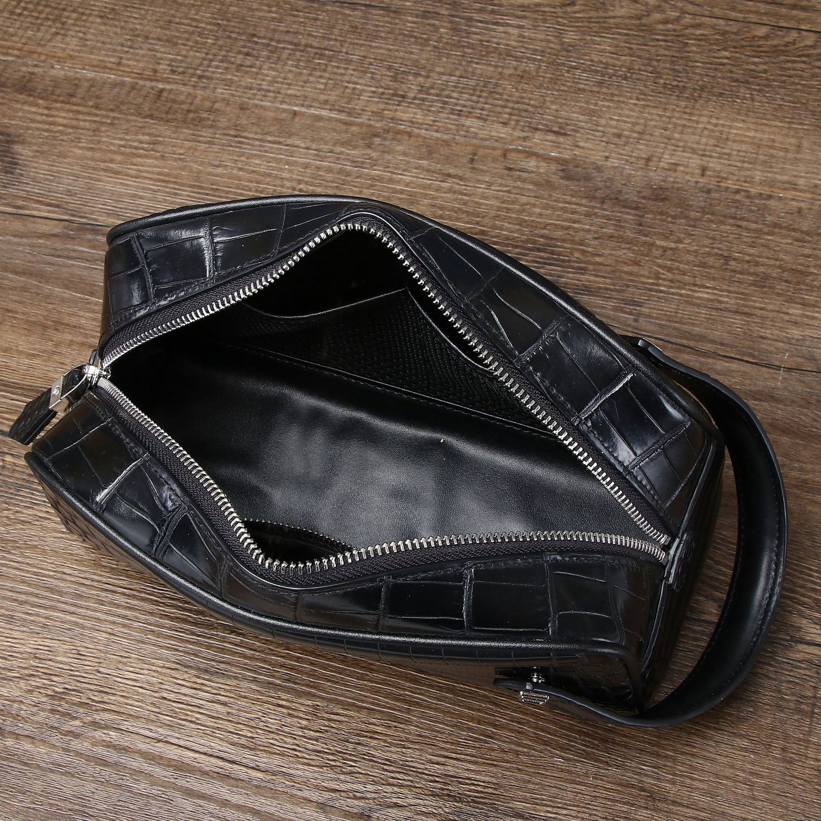 Top Cowhide Leather Men’s Clutch Bag Crocodile Pattern Zipper Handbag