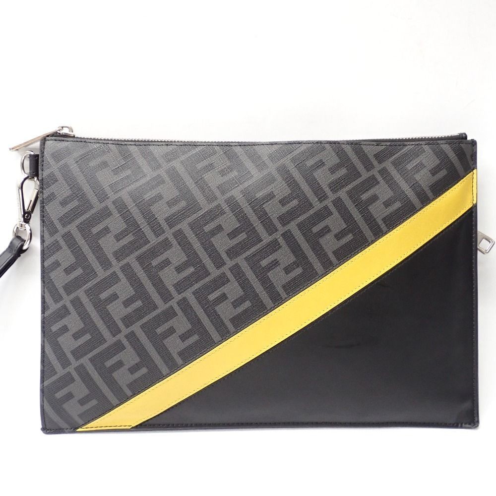 FENDI FF Logo Monogram yellow stripe Leather Clutch Bag Men Pouch 7N0110-A9XS