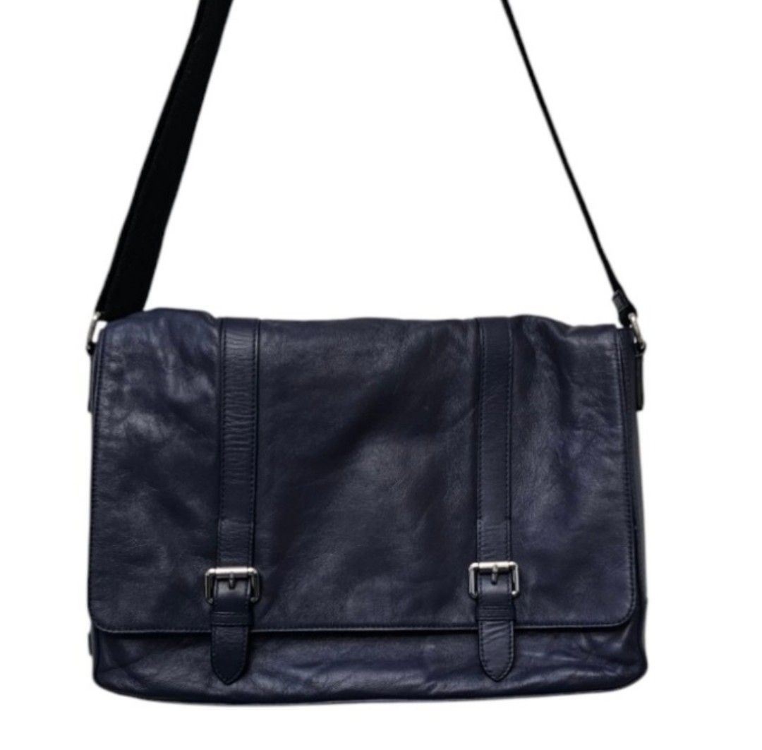 Cole Haan Blue Smooth Leather Buckle Detail Minimalist Laptop Messenger Bag