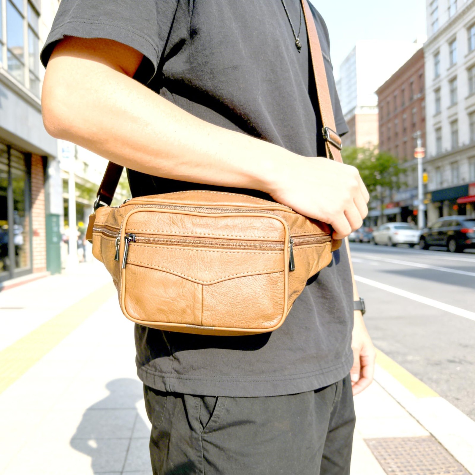 large 6 Pockets Leather Fanny Pack Travel XX-Large, Light brown 2025 model