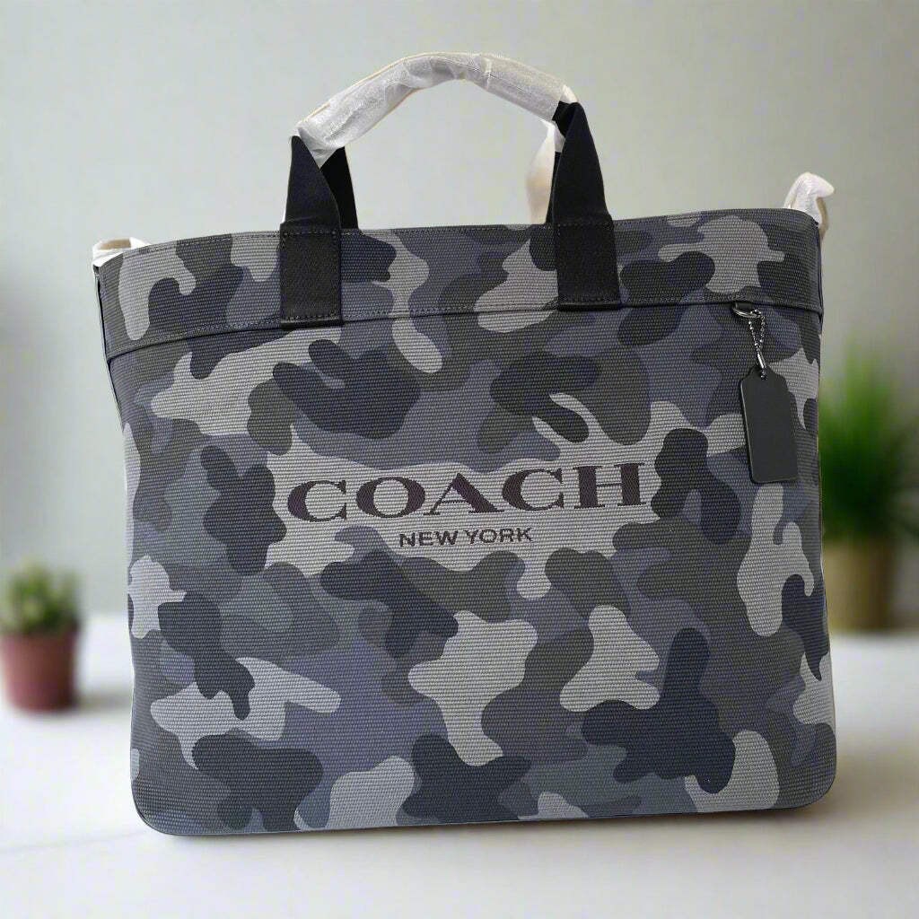 Coach Tote 38 CY805 Large Gray Camo Canvas Leather Carryall Shoulder Bag