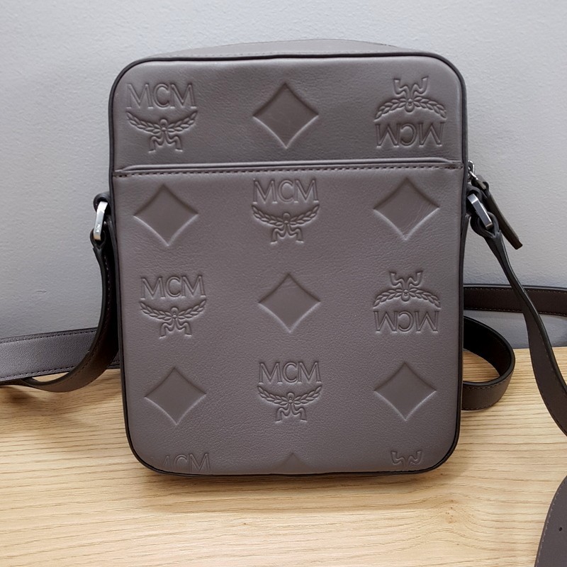 MCM Mini Klassik Taupe Grey Leather Monogram Crossbody Bag $830 Authentic