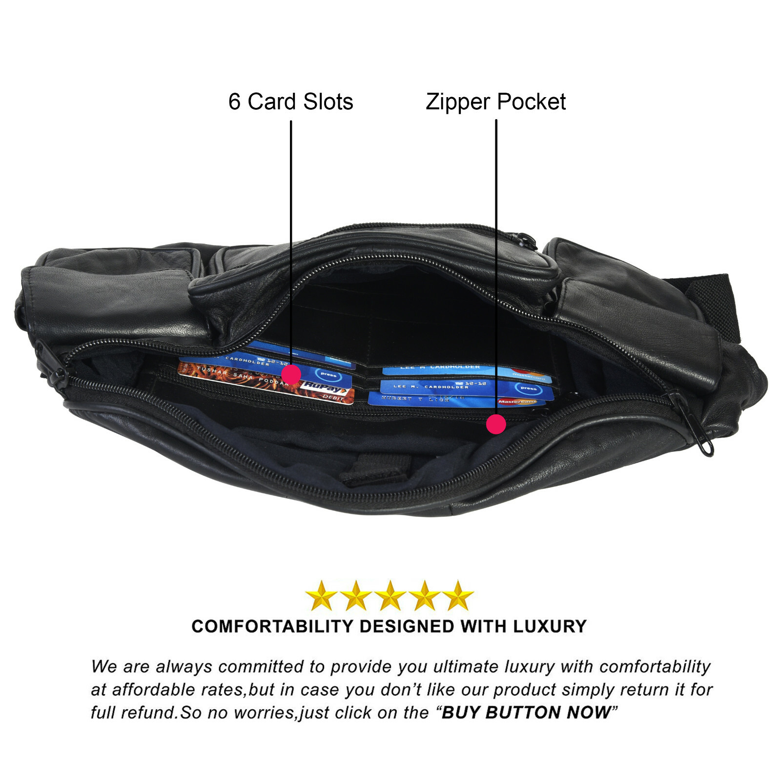 Large Black Solid Leather Waist Fanny Pack Belt Bag Travel Hip Purse Mens Women