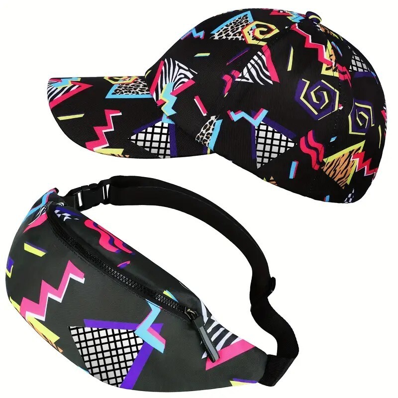 New 80’s 90’s Retro Hat Fanny Pack Waist Pack Earrings 3 Piece Set Costume Party