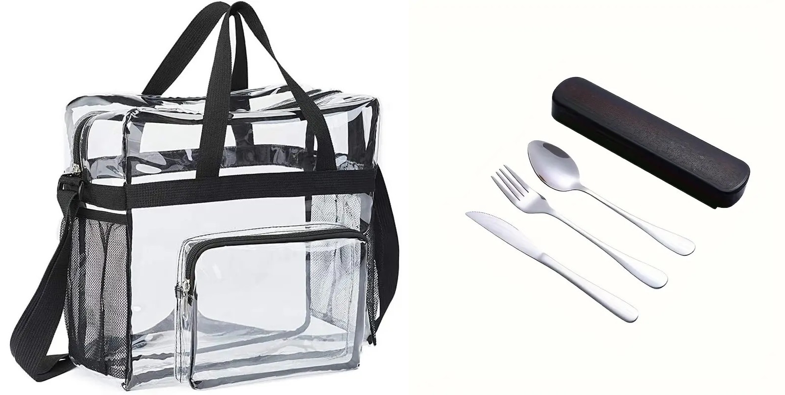 Clear Handbags With Side Bottle Pockets and 3pcs Stainless Steel Travel Cutlery