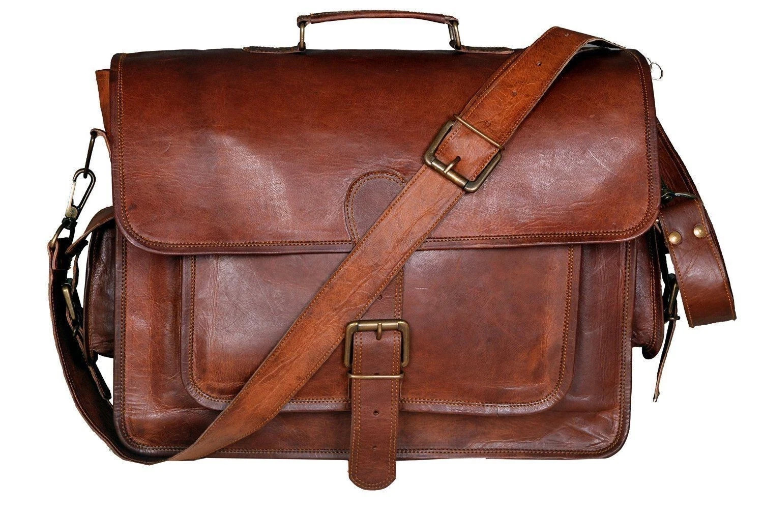 SKH Vintage Genuine Leather Messenger Bag / Briefcase – Brown – 12x16x5 Inch