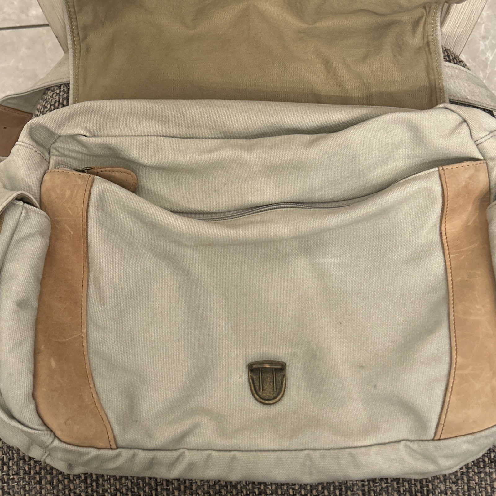 100% Cotton LL Bean Canvas Leather Cross Body Utilitarian Messenger Tote Bag