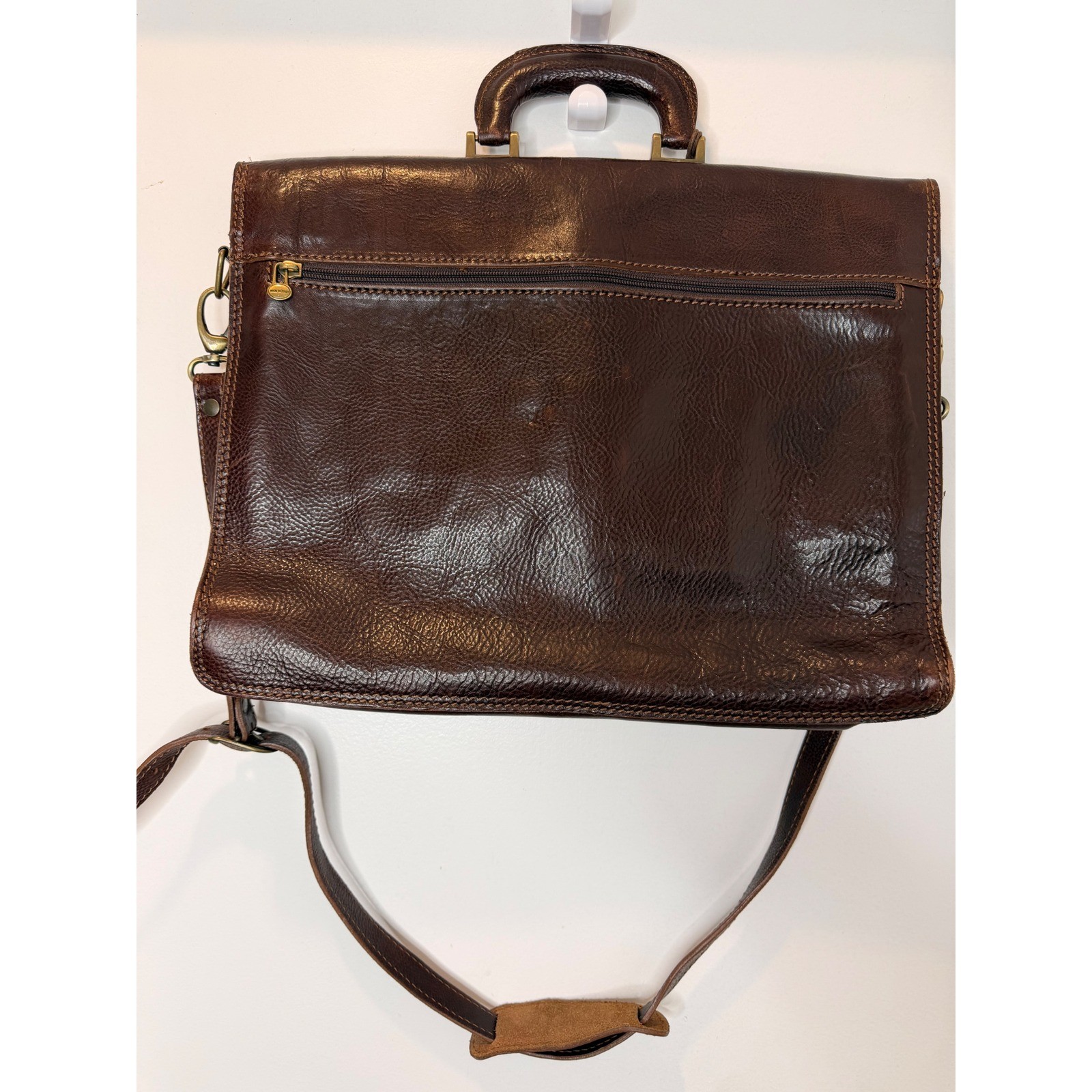Vintage Dark Brown Pebble Leather Briefcase Messenger Bag w/Shoulder Strap ITALY