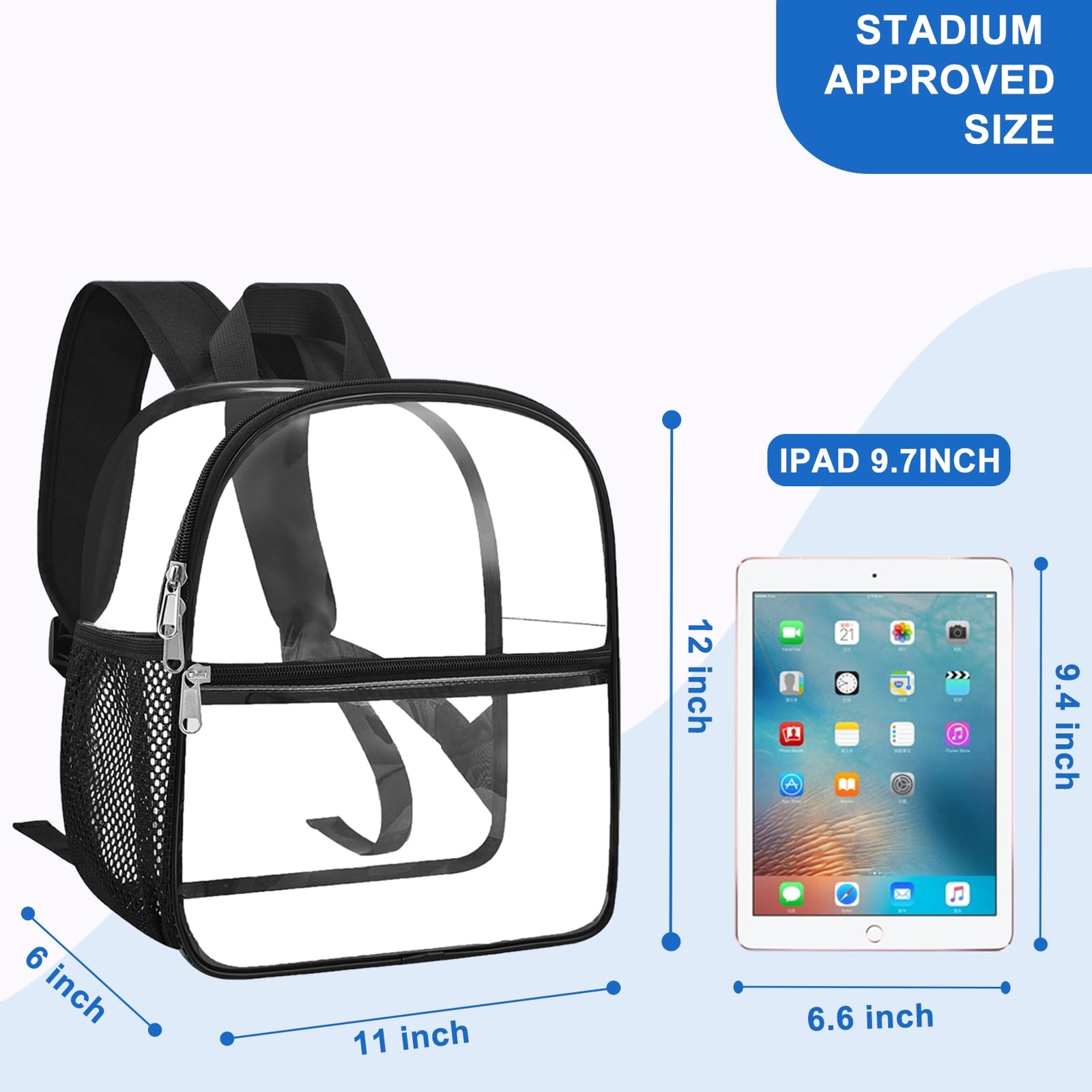 Clear Stadium Backpack 12x6x11 Transparent Bag for Sports, Concerts, and Events
