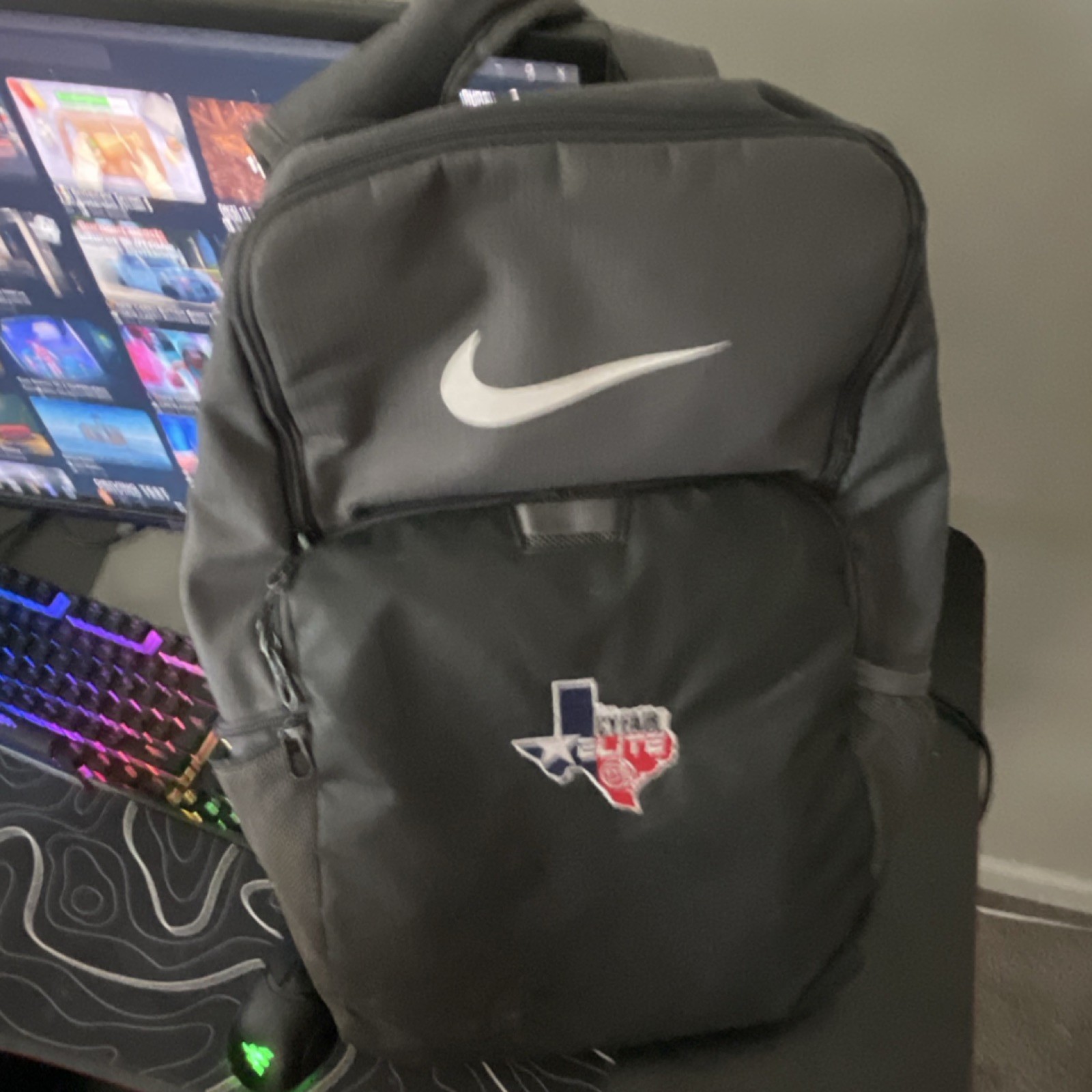 Nike Men’s Eybl backpack, grey zipper, Texas logo patch, Shaq’s Nike team