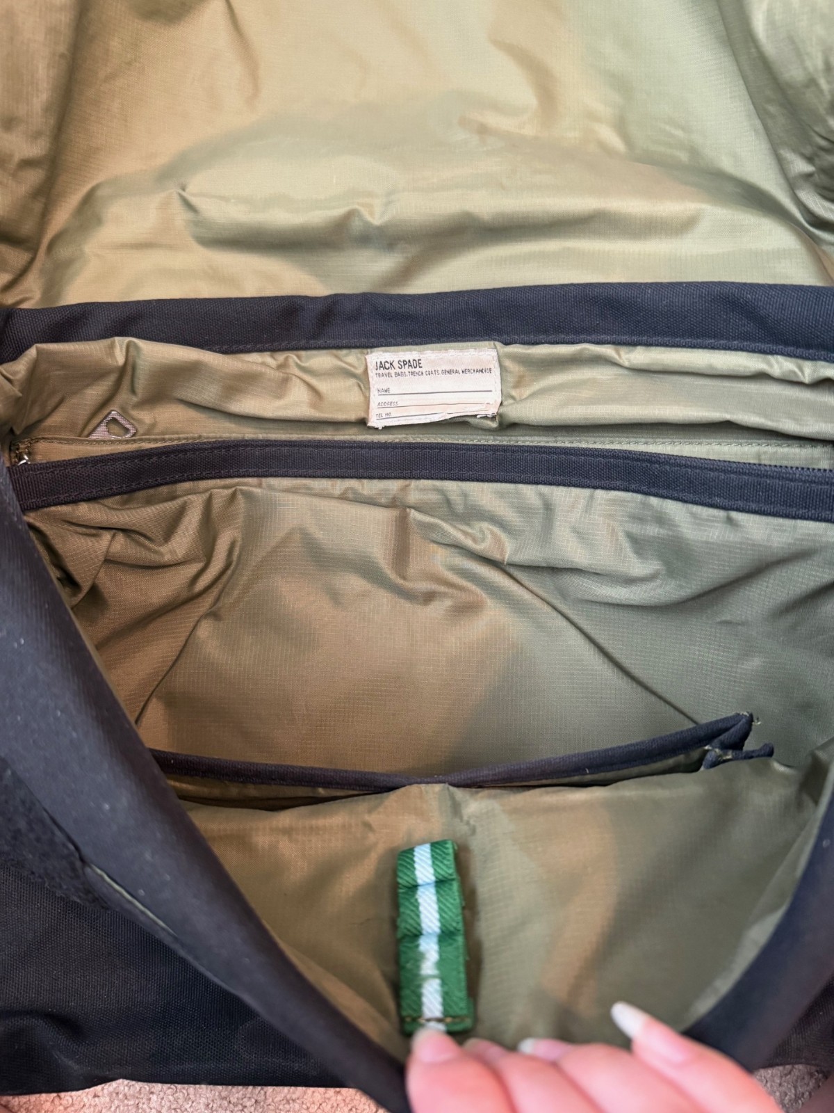 JACK SPADE “GREENE ST.” MESSENGER CANVAS BAG – BLACK/OLIVE – 13″ × 17.5″ × 5.4″
