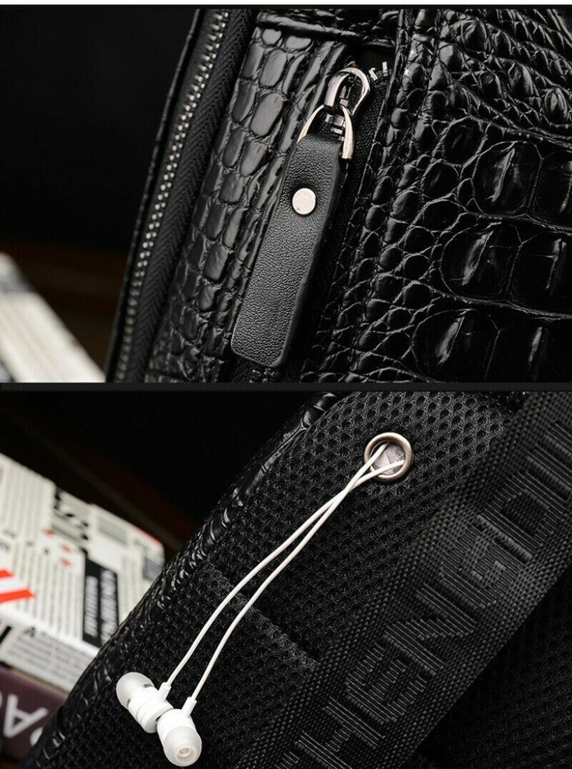Mens Luxury Leather Crocodile Pattern Chest Bag Backpack Crossbody Travel Bag