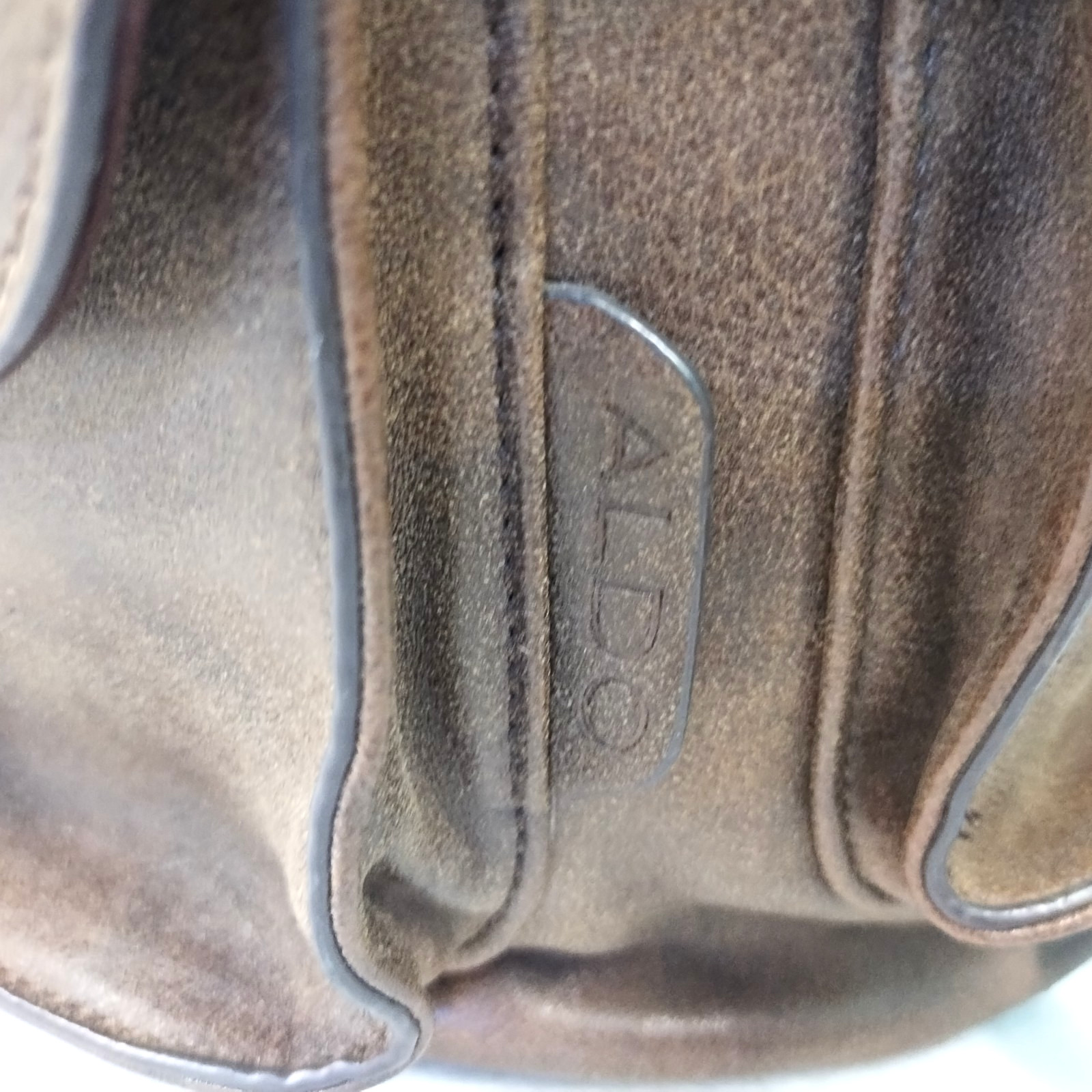 ALDO Brown Faux Leather Bucket Drawstring Backpack Buckle Top Sides GUC