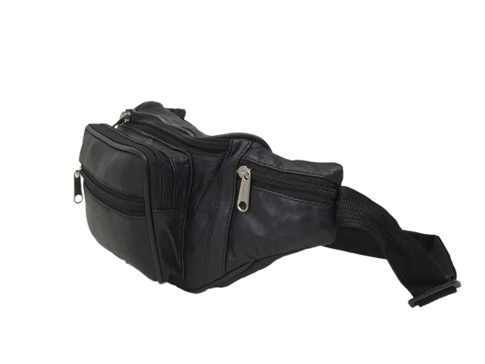 Genuine Leather Fanny Pack Multi Zippered Waist Bag Hip Belt Purse Black Pouch