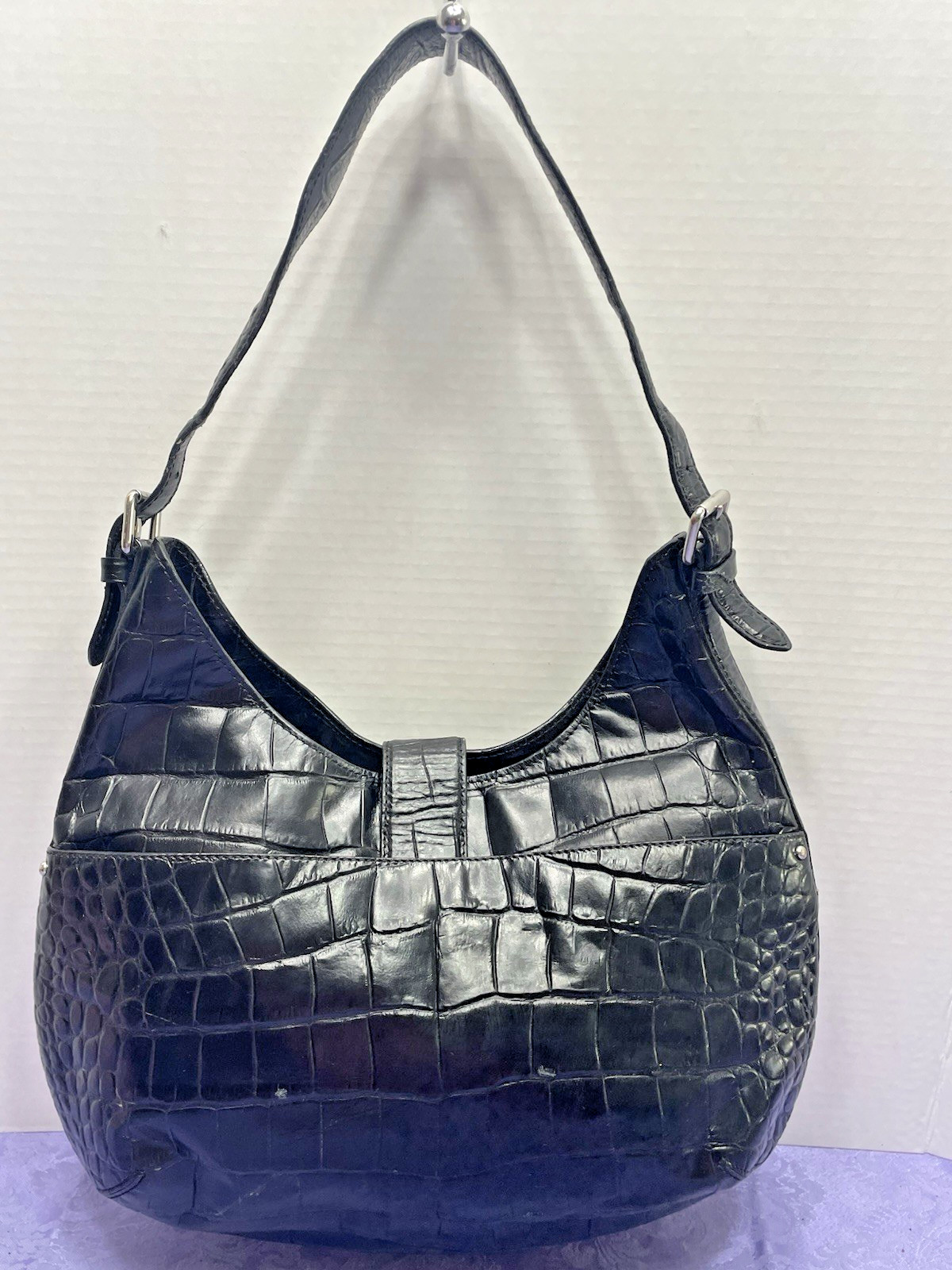 Lauren Ralph Lauren Black Croc Embossed Leather Hobo Shoulder Bag Y2K Push Lock