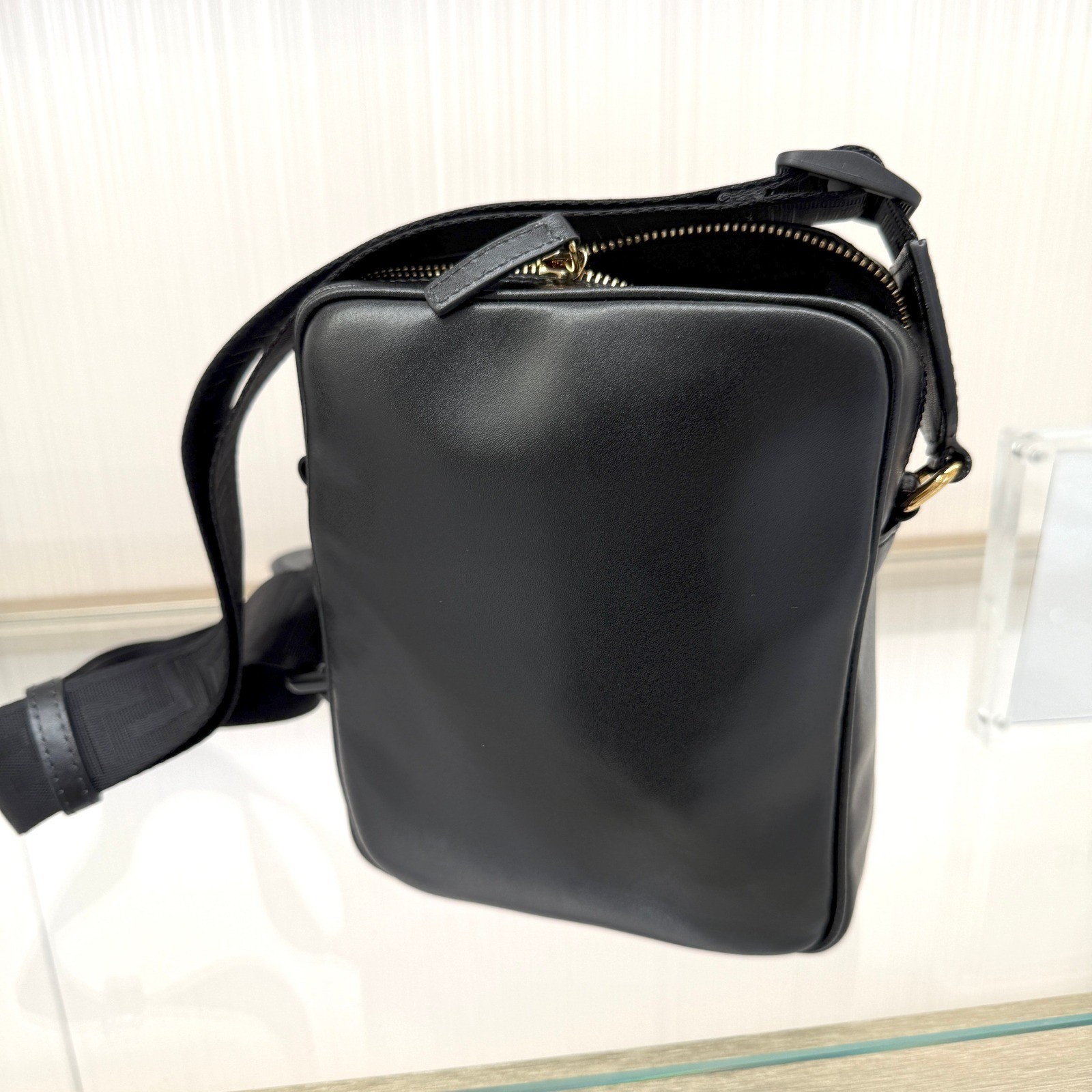 Versace 1020736 Black Leather Greca Crossbody Messenger Bag Gold Logo