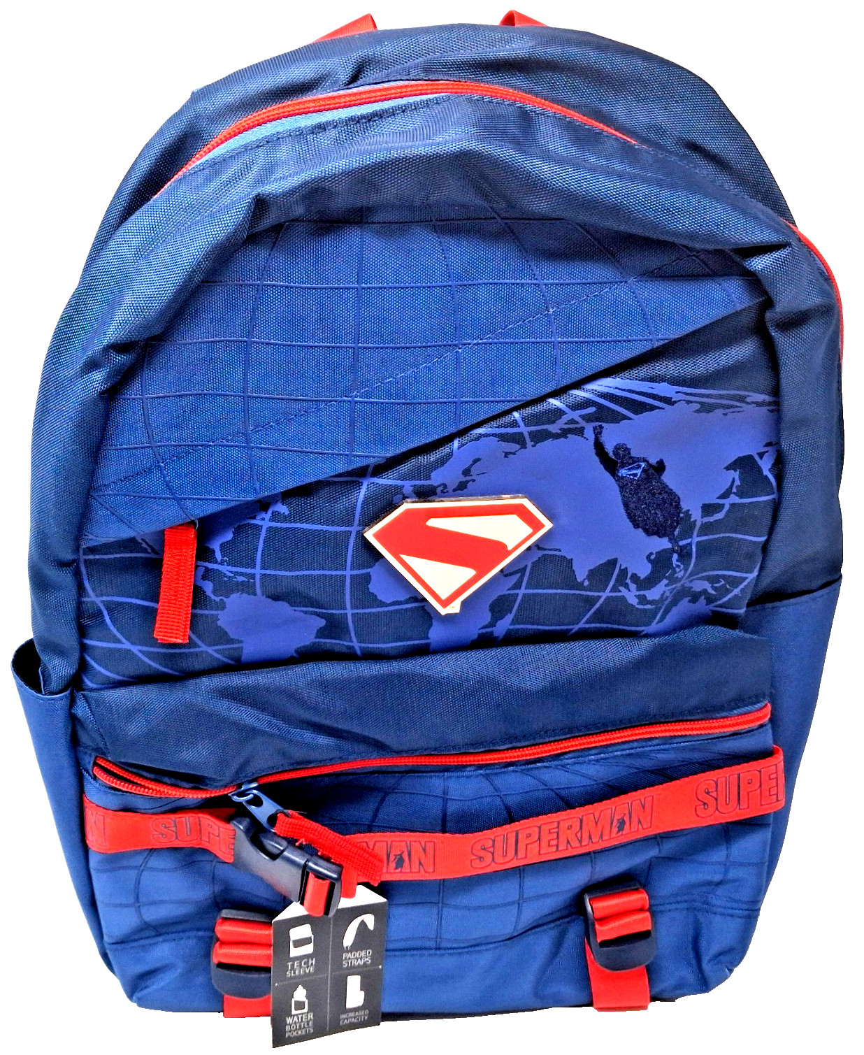 Bioworld DC Comics Superman Globe 18″ Backpack w/Tech Sleeve New With Tags