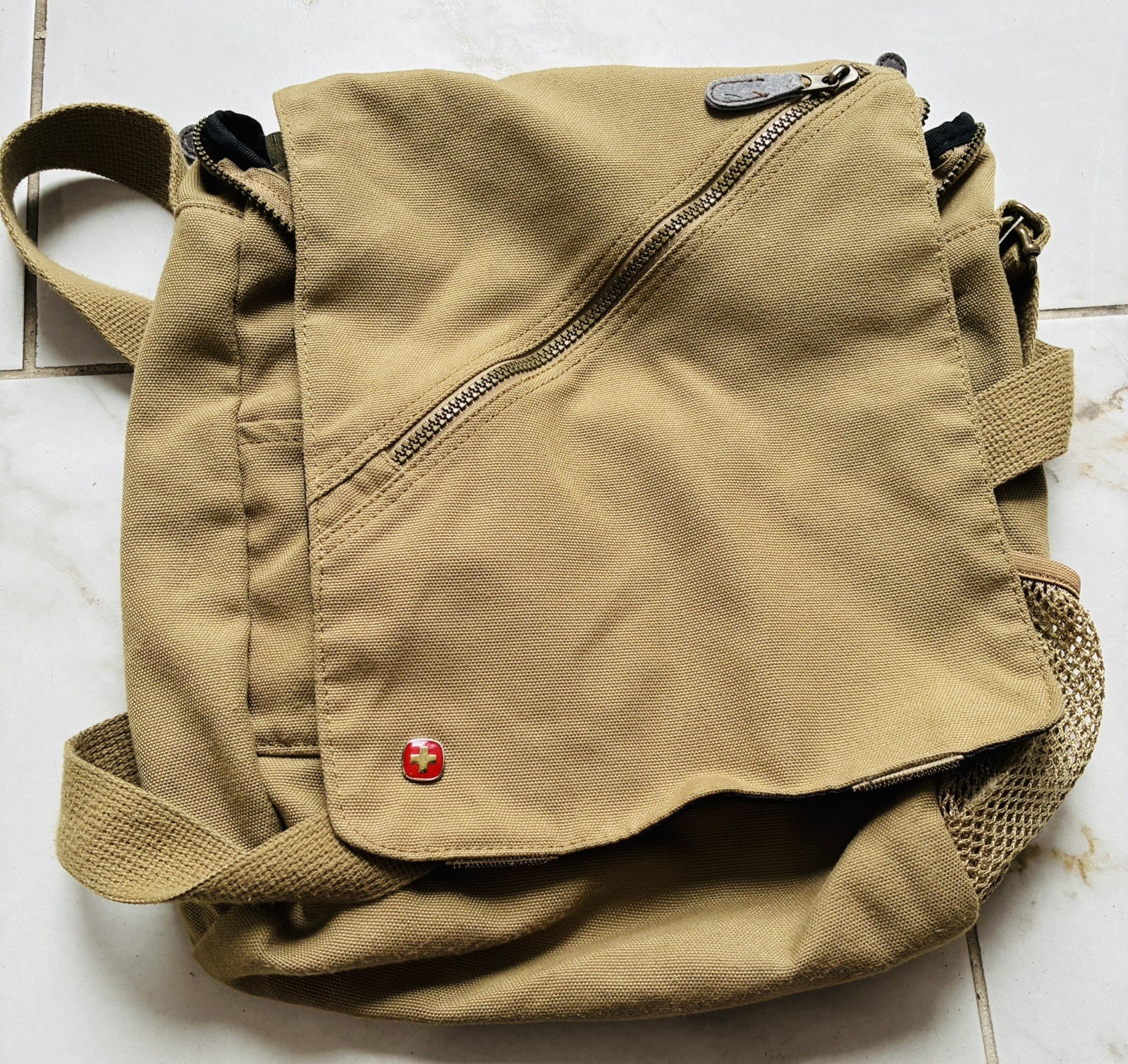Wegner Swiss Messenger Crossbody Bag Khaki Brown Canvas Brown Pre Owned