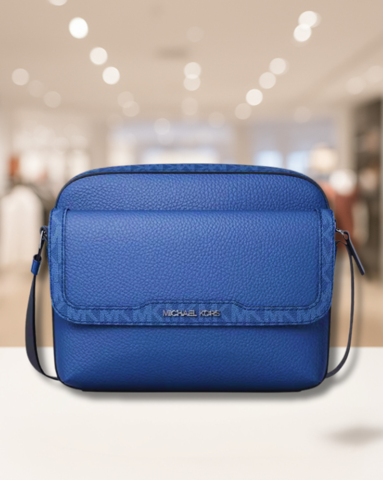 Michael Kors Cooper Medium Leather & Logo Flap Camera Crossbody Bag Galaxy Blue