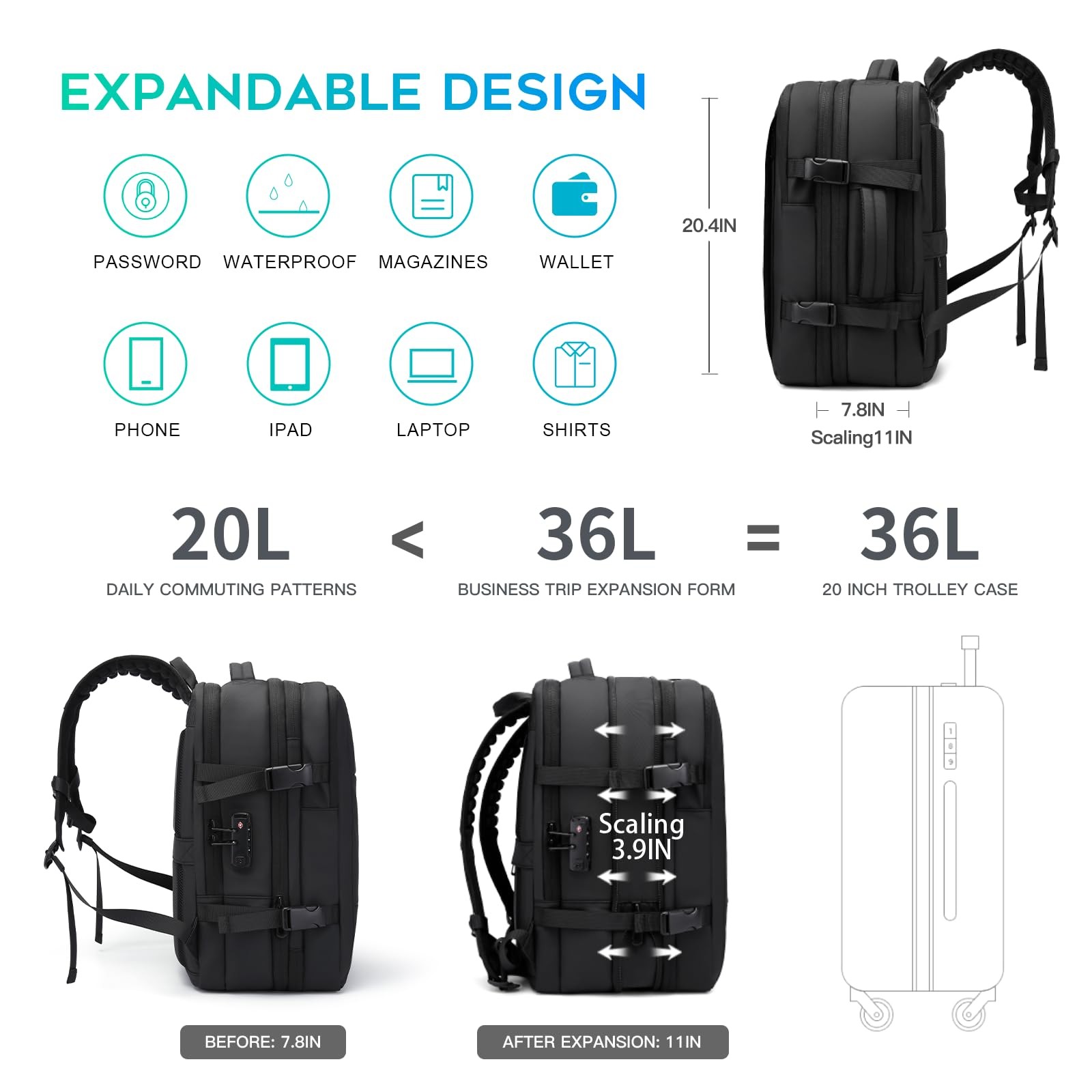 Anti-Theft Compression Travel Backpack, Expandable Design with Pump Included
