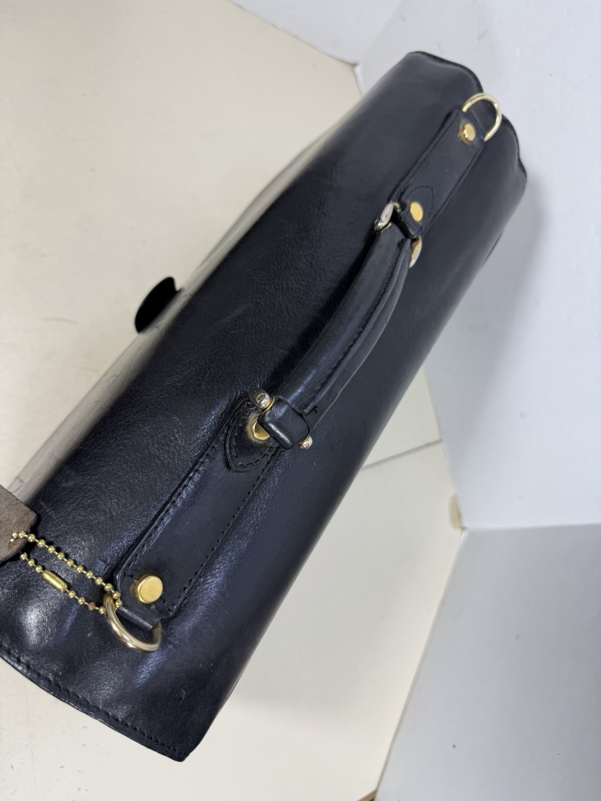 Vintage Bosca Old Leather Briefcase Flap over 3 Gusset Shoulder Bag With Key (Rv