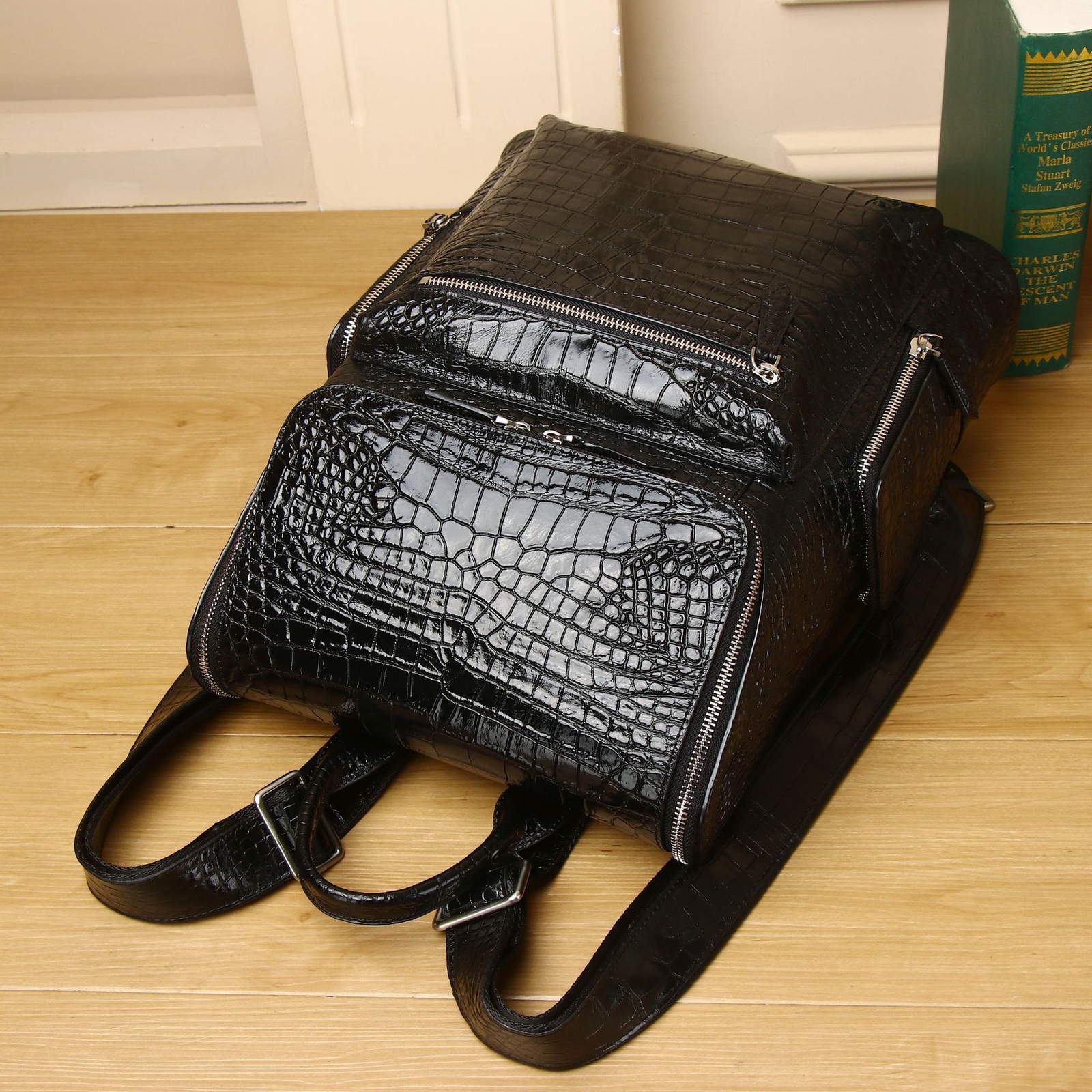 Top Cowhide Leather Black Backpack Crocodile Belly Pattern Men’s Travel Rucksack