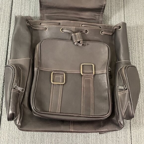 Large Leather Backpack Top Handle Drawstring Travel Dark Brown Double Loop Flap
