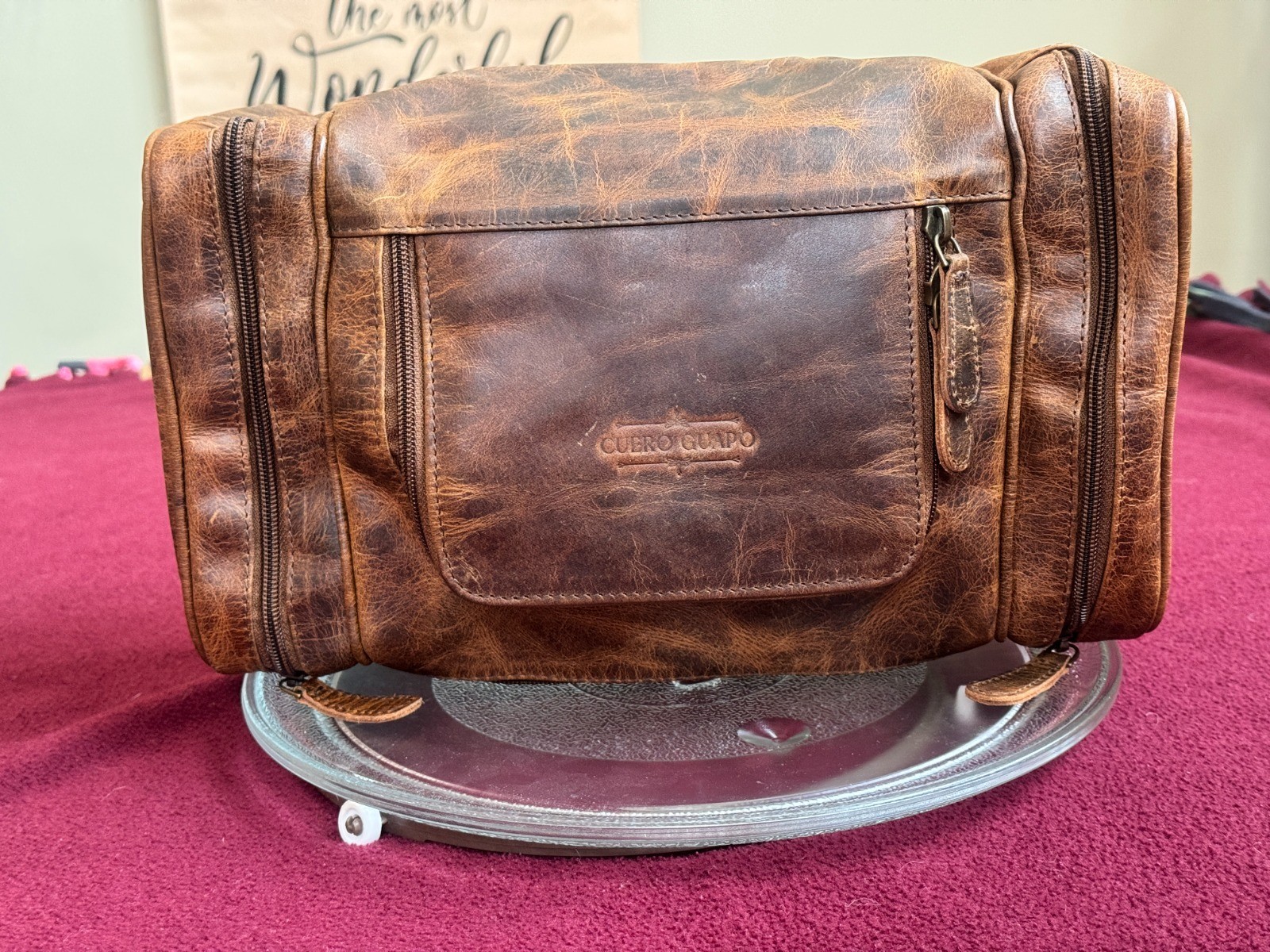 Large Full Grain Leather Dopp Kit Shaving Toiletry Travel Bag Brown