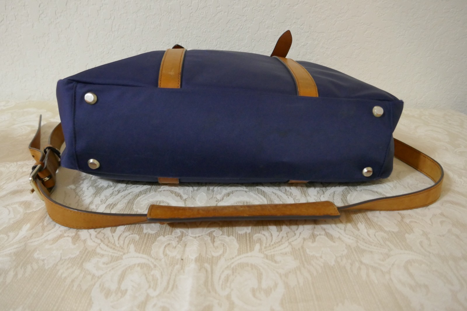STUART O LAU The Cary Blue Nylon Briefcase Tan Leather Trim Red Interior
