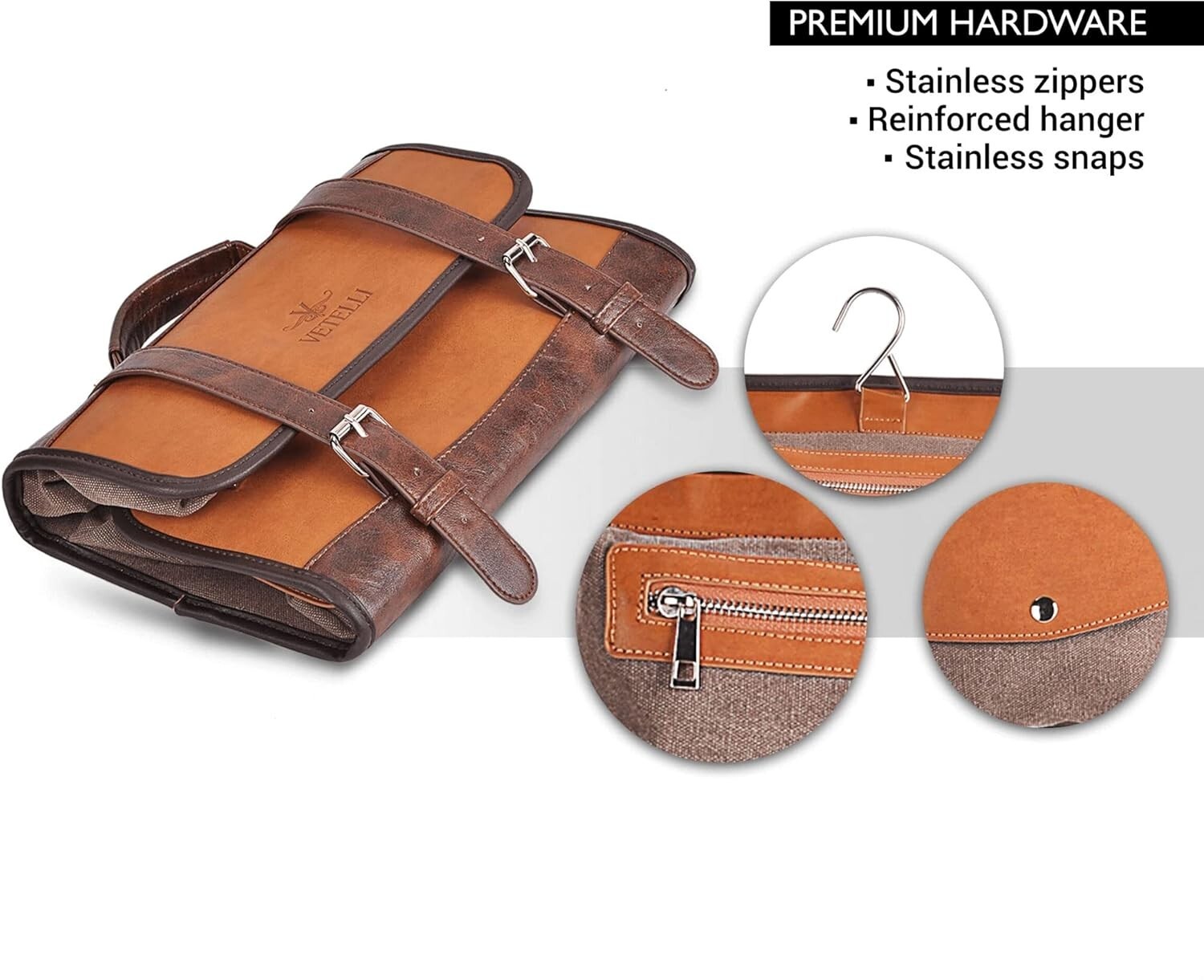 Stylish Water-Resistant Leather Toiletry Bag with Hanging Hook for Travel